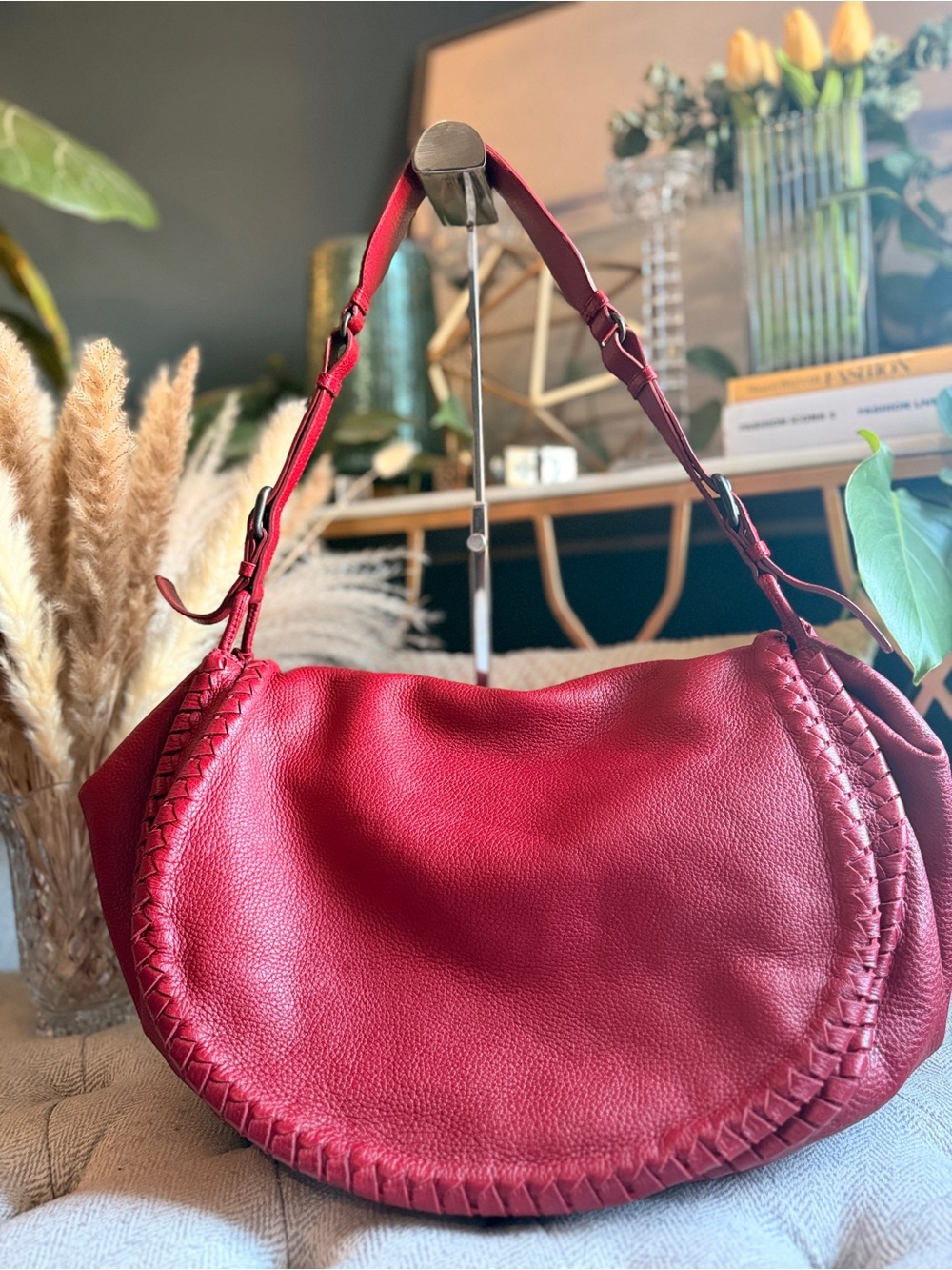 Bottega Veneta Red Braided-Trim Leather Shoulder Bag